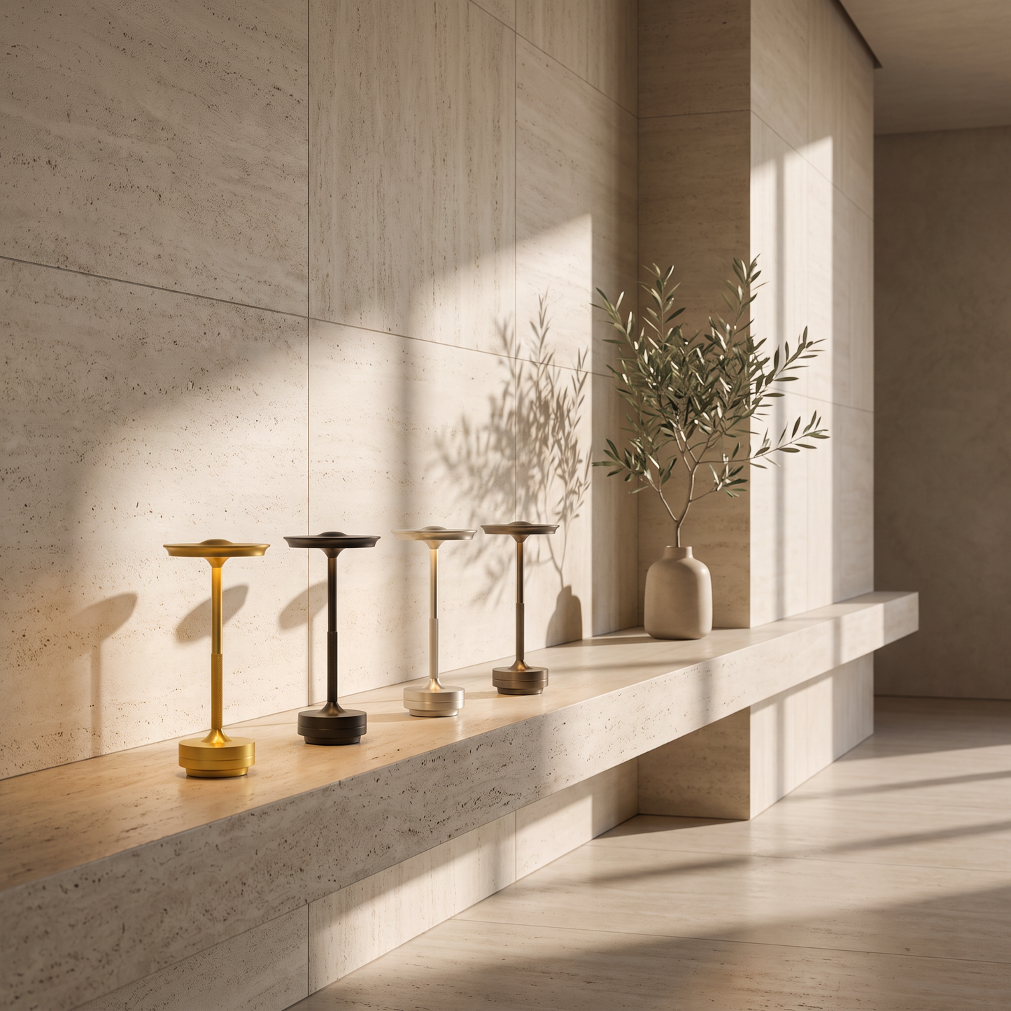 Table lamp on a travertine ledge in a minimal hallway