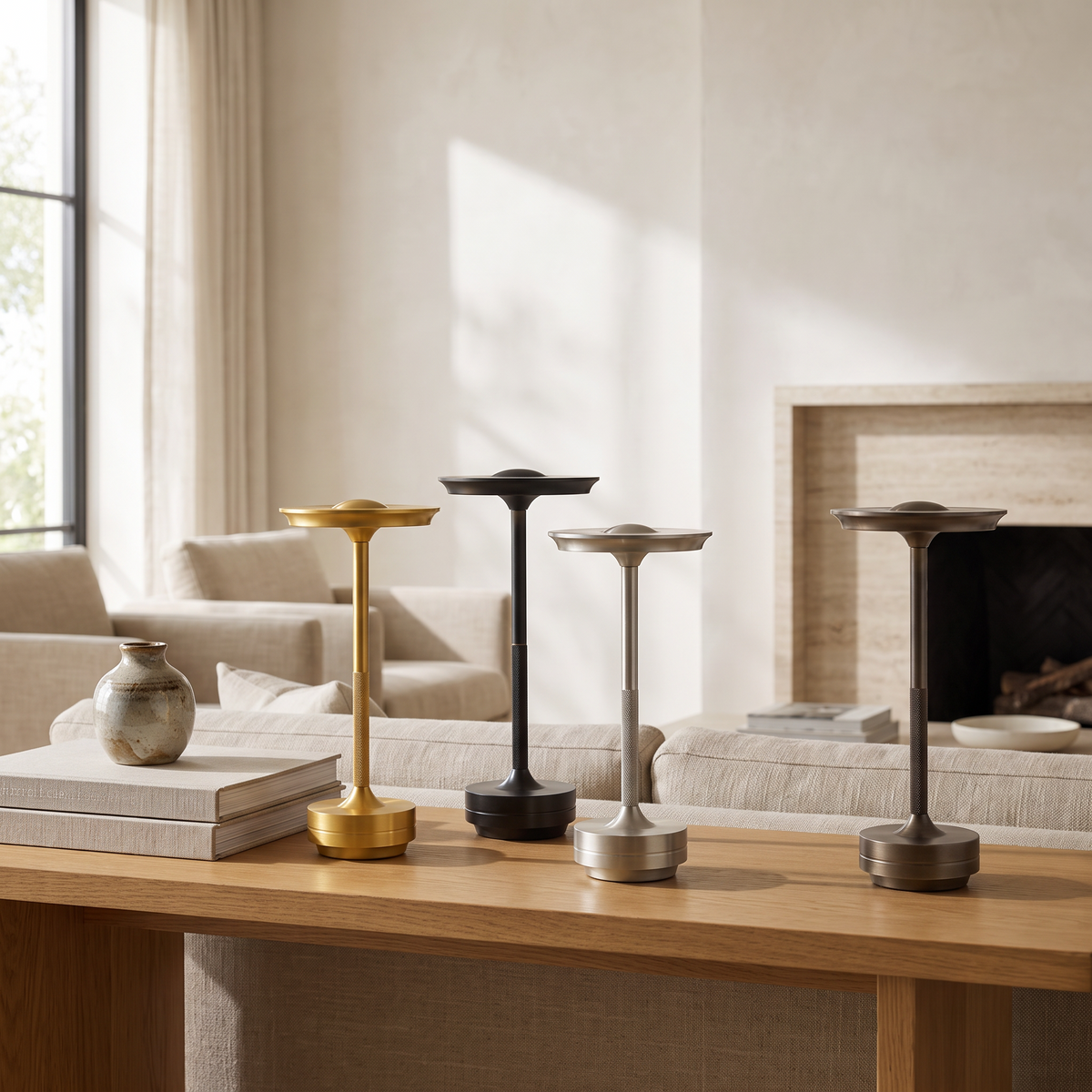 Table lamp on an oak console in a contemporary living room