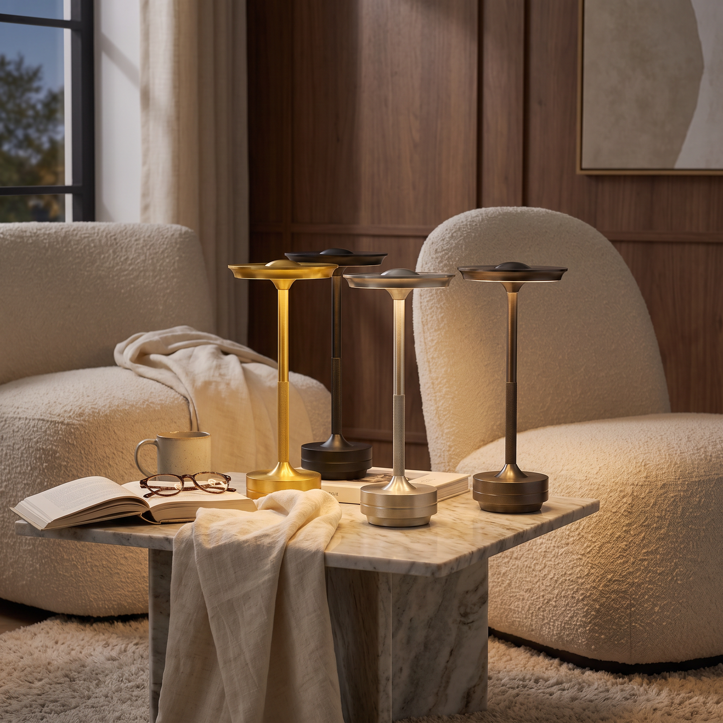Table lamp lit beside a lounge chair in the evening