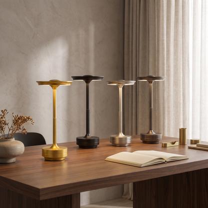 Table lamp on a walnut desk in a home office