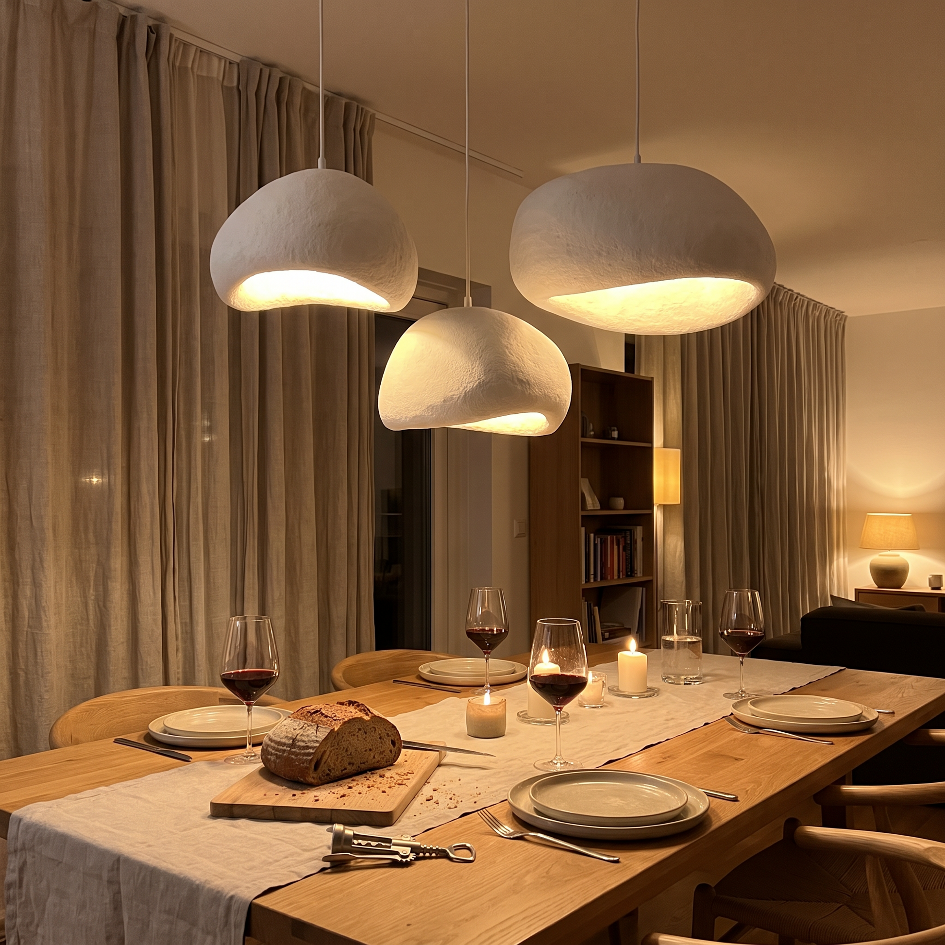 Chandelier glowing above an evening dinner table