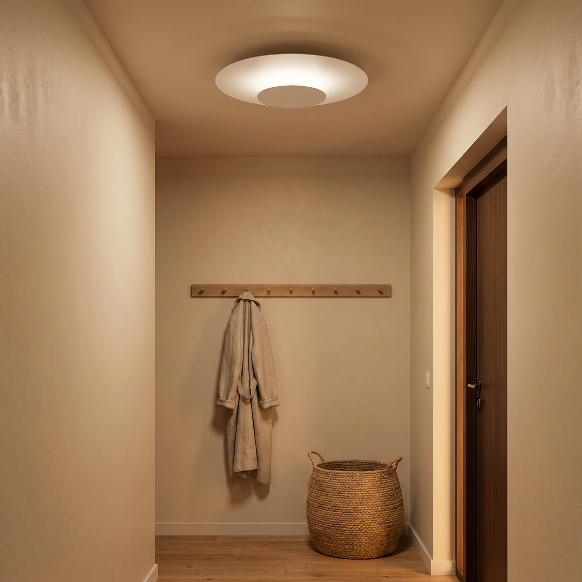 Flush mount ceiling light glowing in the evening