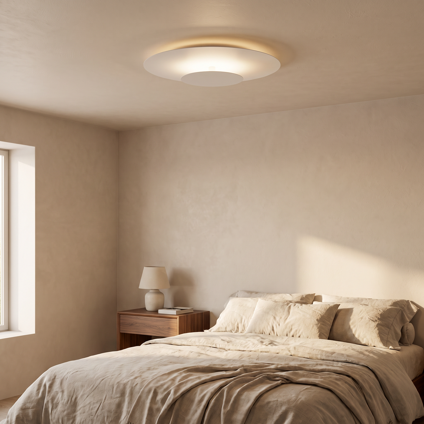 Flush mount ceiling light in a minimalist bedroom