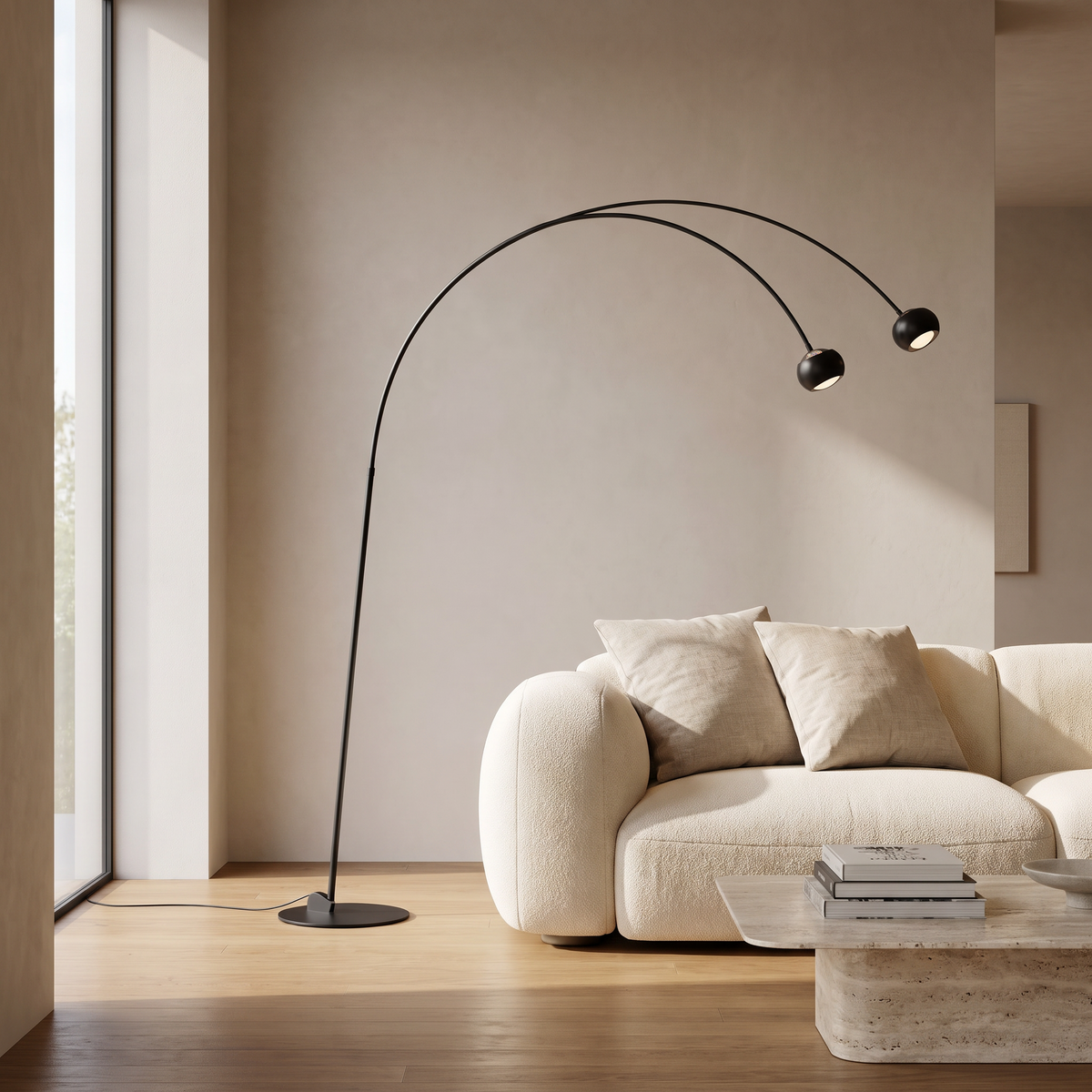 Arched floor lamp over a sofa in a contemporary living room