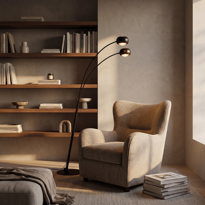 Arched floor lamp beside a reading chair