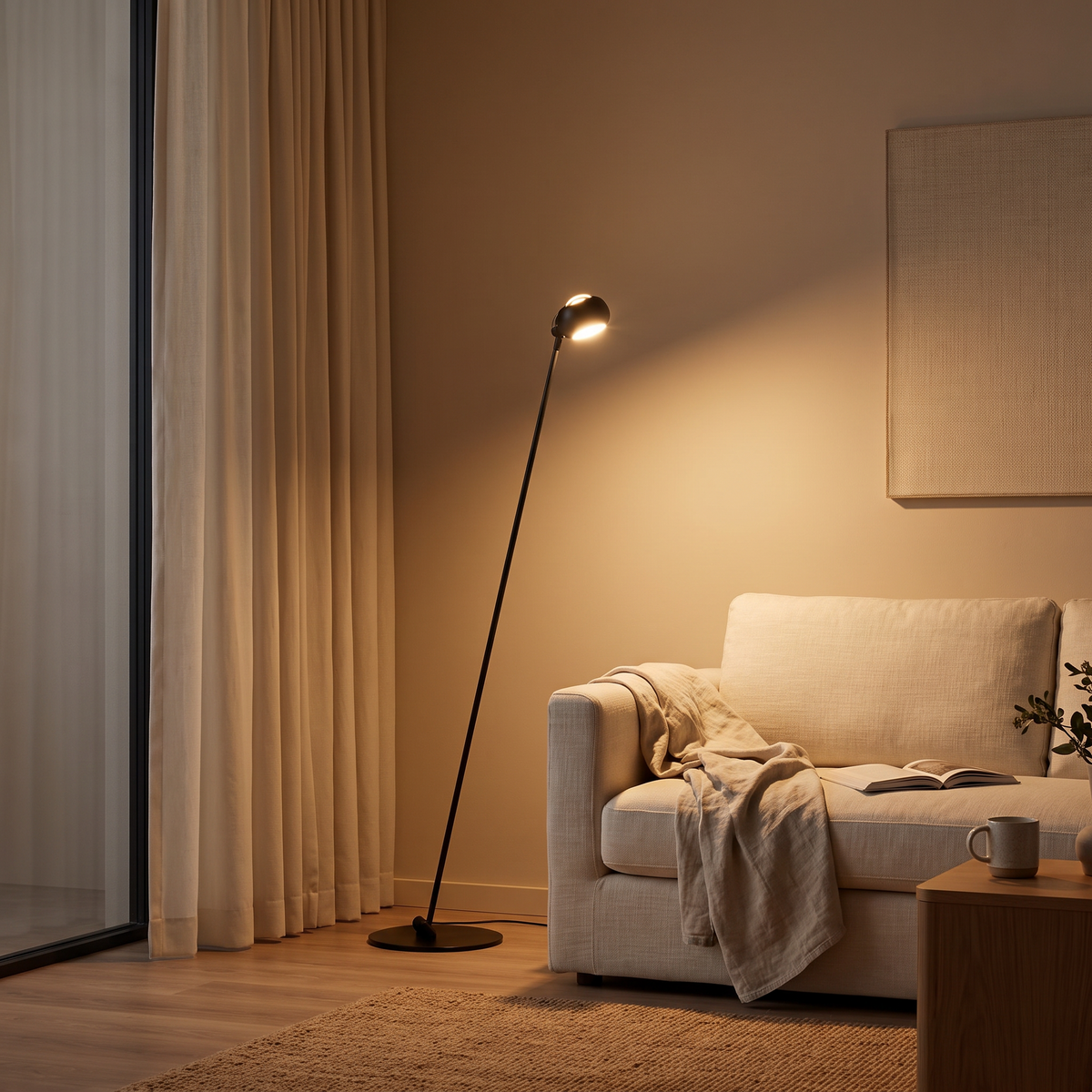 Arched floor lamp lit in the evening over a sofa