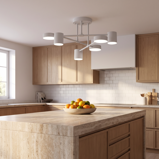 Geometric pendant above a kitchen island