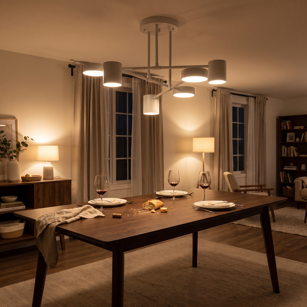 Geometric pendant lit above an evening dinner table