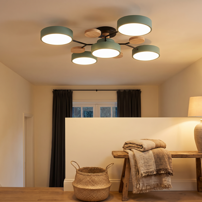 Semi flush chandelier lit in the evening