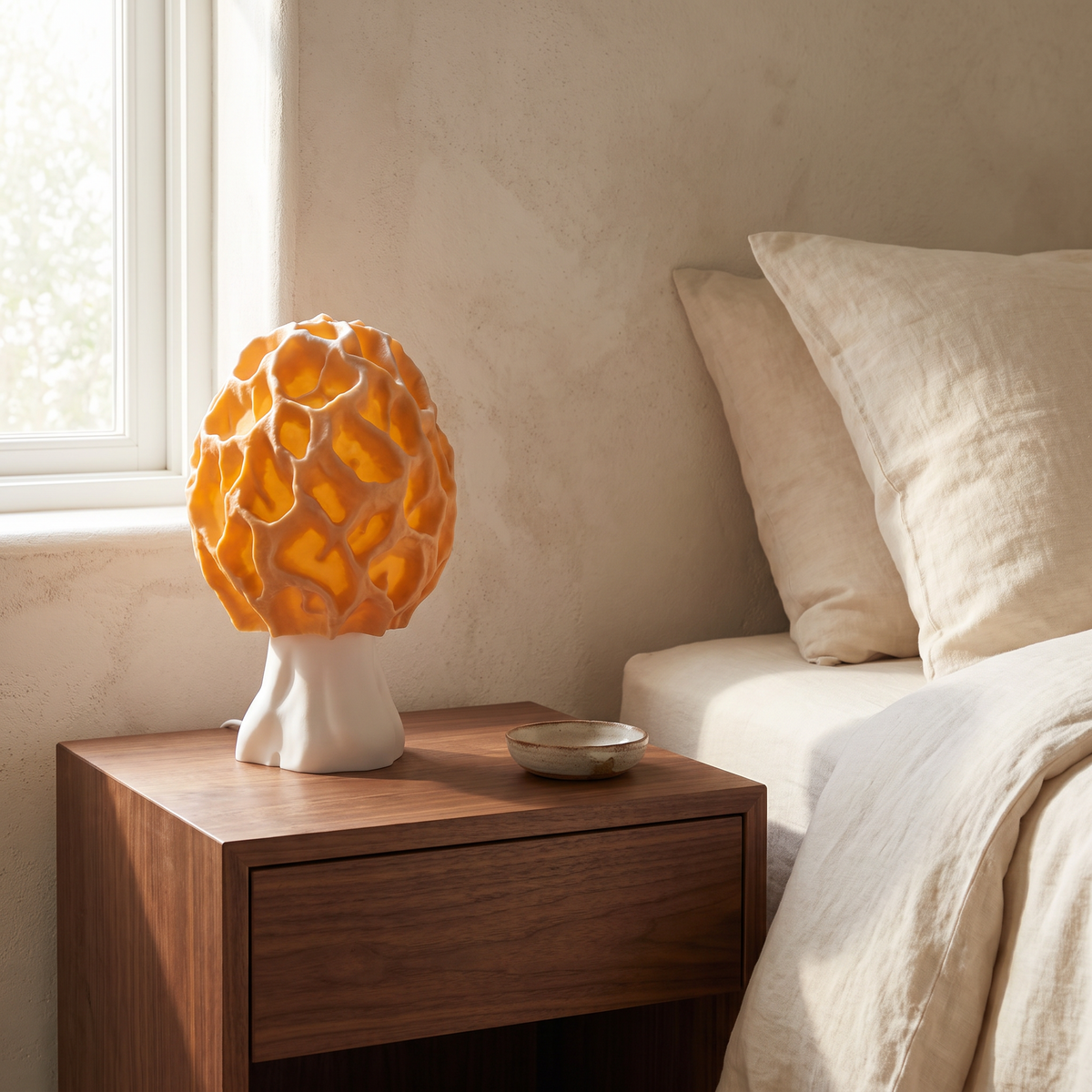 Mushroom lamp on a bedside table