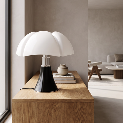 Flower table lamp on a console in a living room