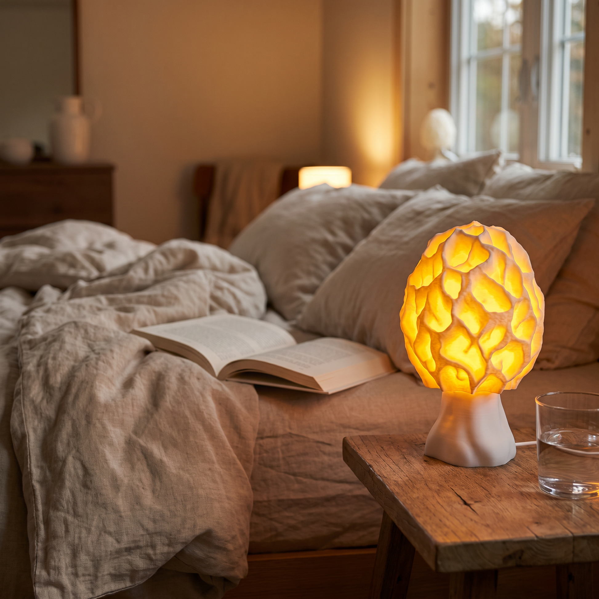 Mushroom lamp glowing at night on a bedside table