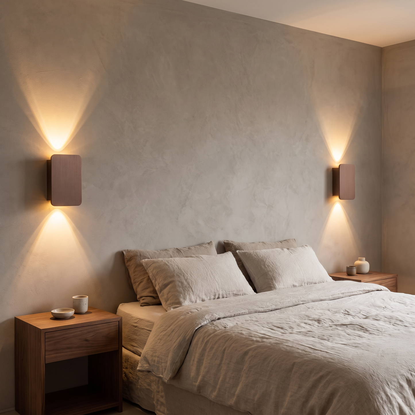 Square wall lamps either side of a bed