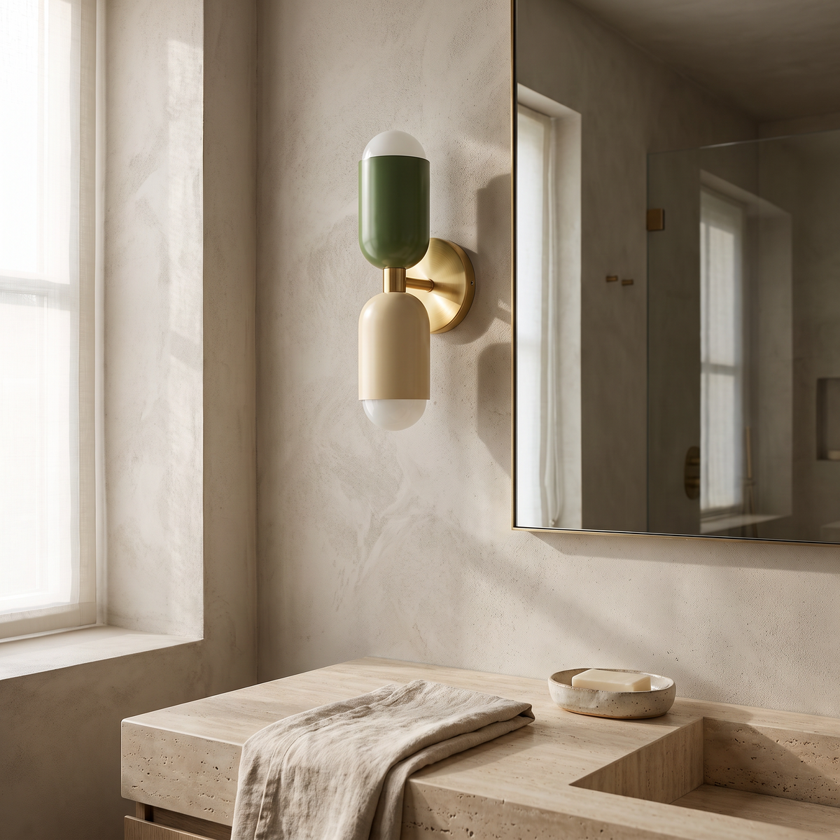 Dual bulb wall lamp beside a bathroom mirror