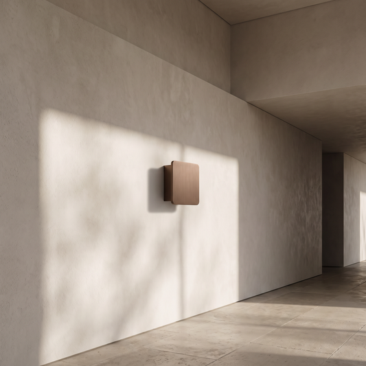 Square wall lamp on a minimal hallway wall