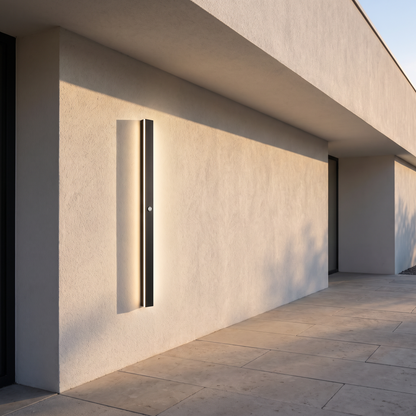 Outdoor wall lamp on a minimal rendered facade