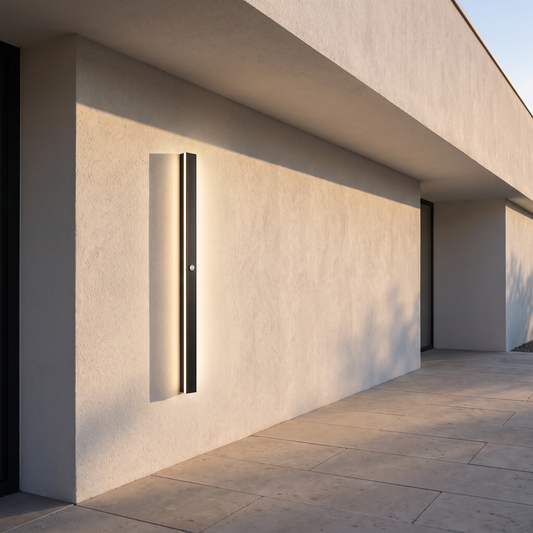 Outdoor wall lamp on a minimal rendered facade