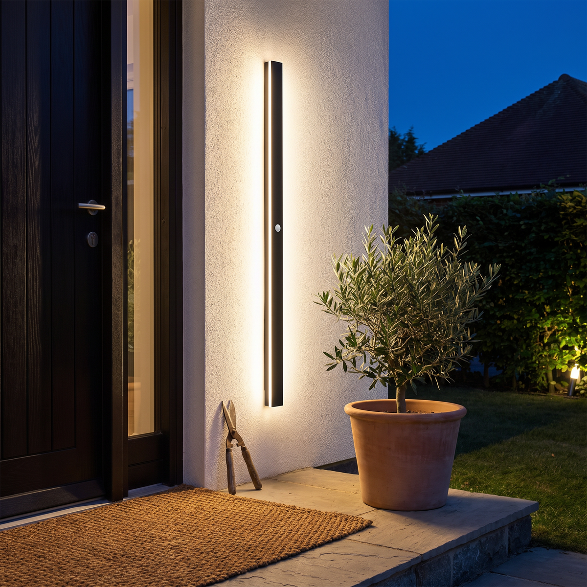 Outdoor wall lamp lit at night beside a front door