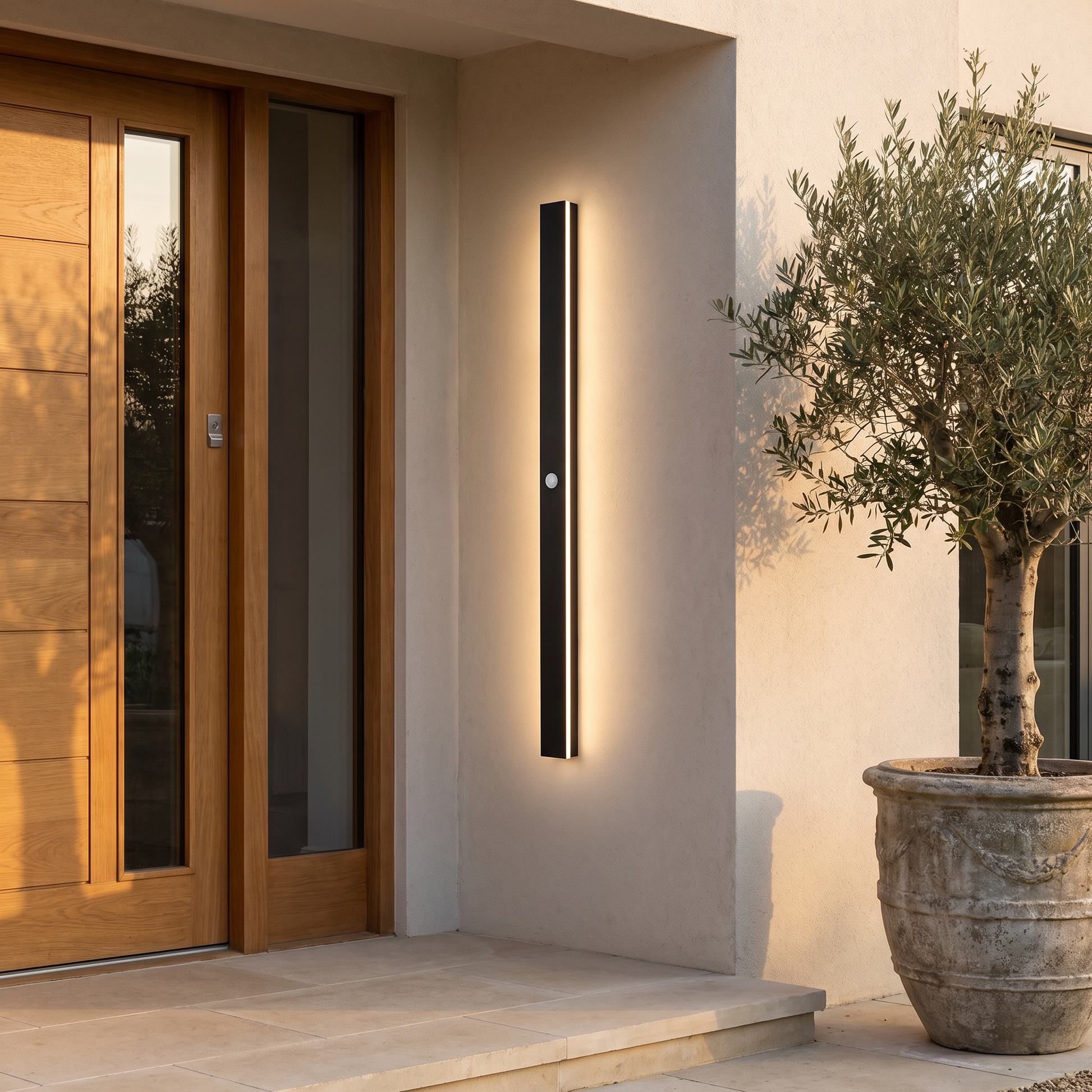Outdoor wall lamp beside a contemporary front door