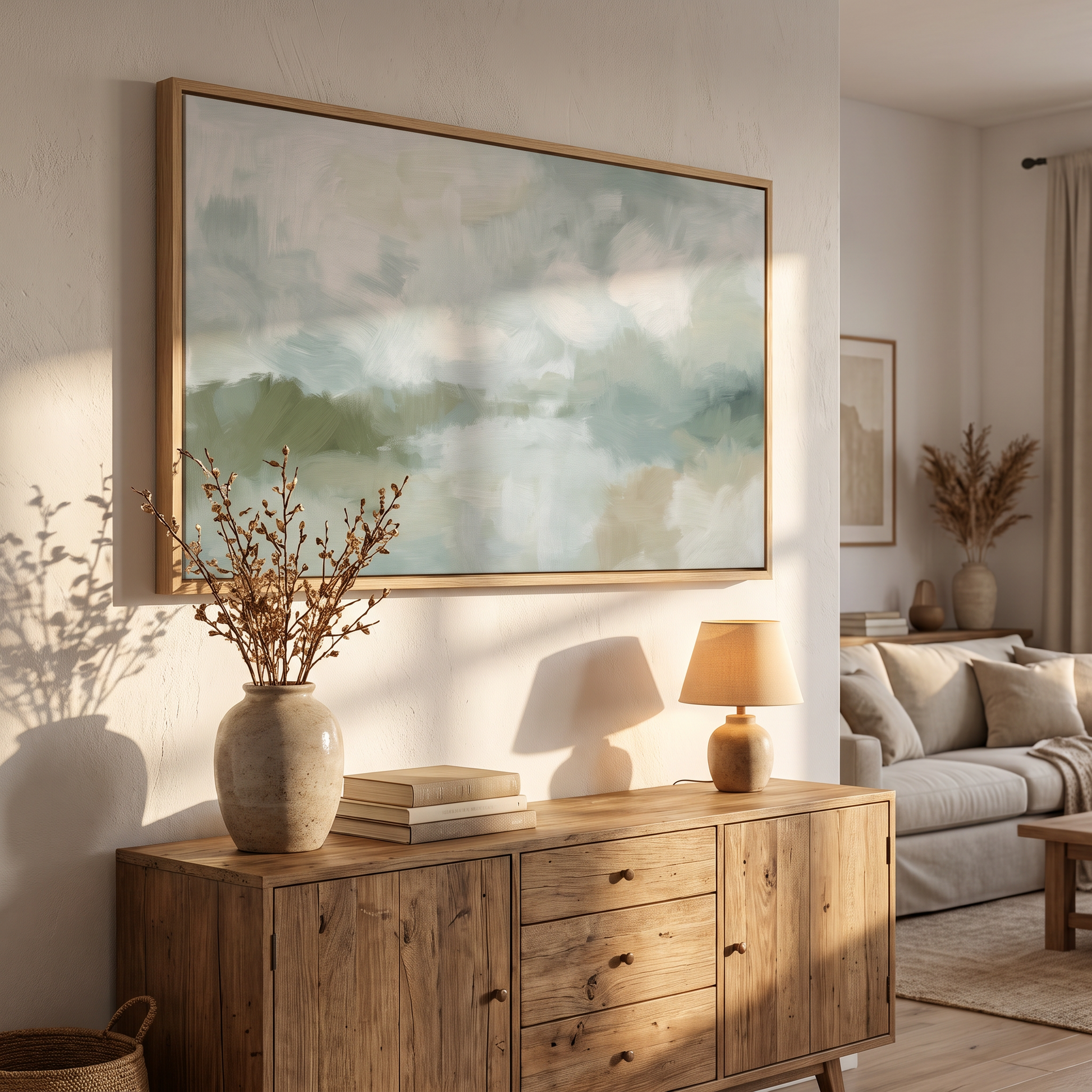 Framed canvas above a sideboard in a lived in home