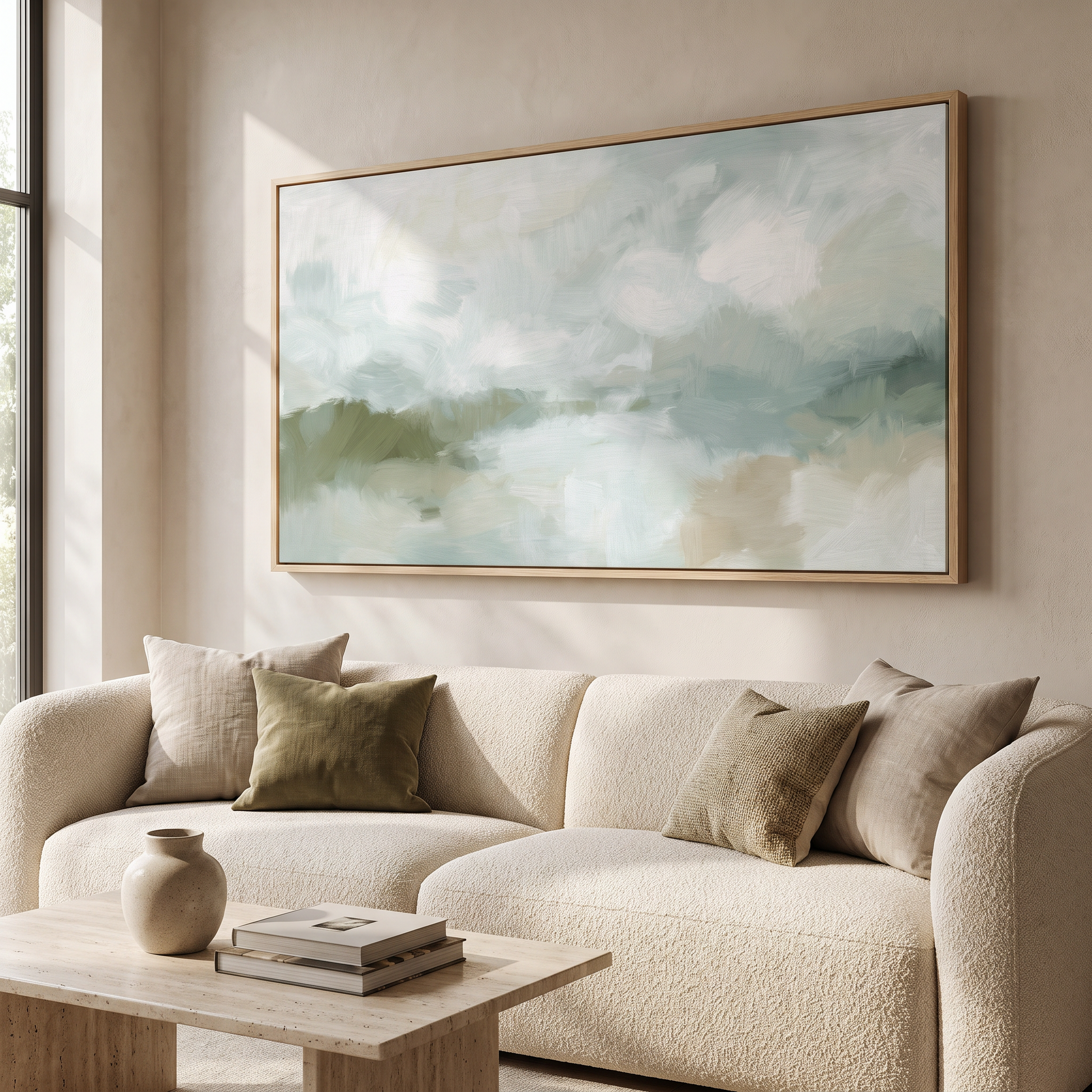 Framed canvas above a sofa in a living room
