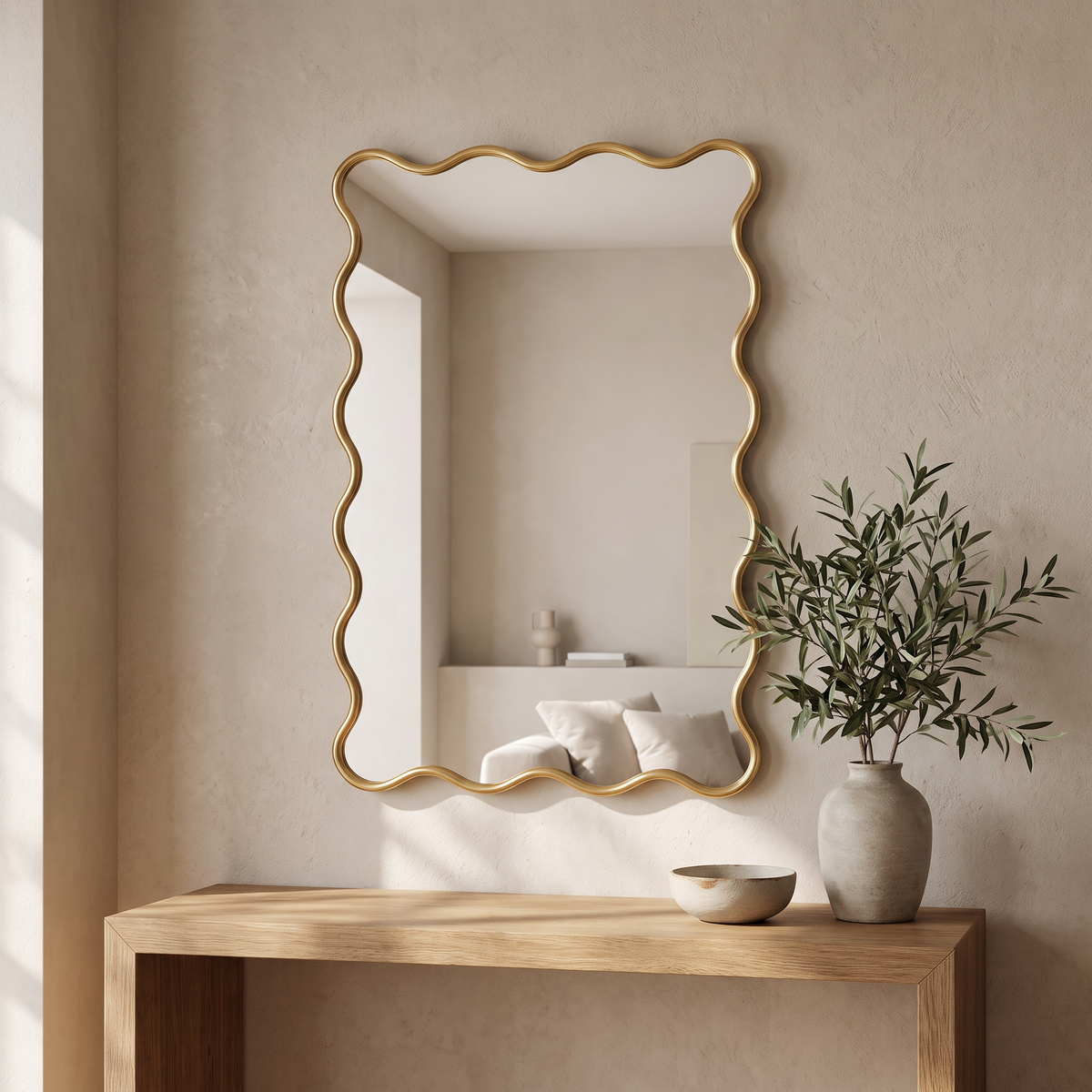 Wavy mirror above a console in an entryway