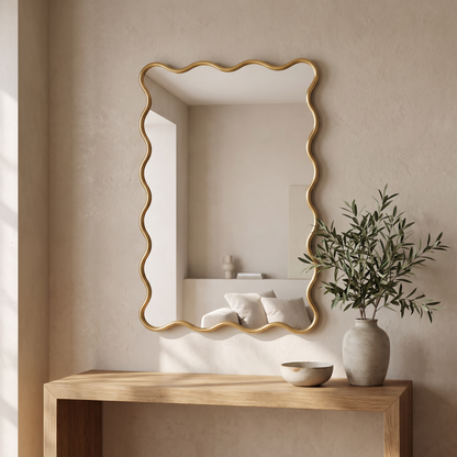 Wavy mirror above a console in an entryway