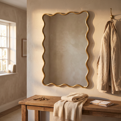 Wavy mirror above a lived in hallway console