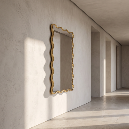 Wavy mirror on a minimal hallway wall