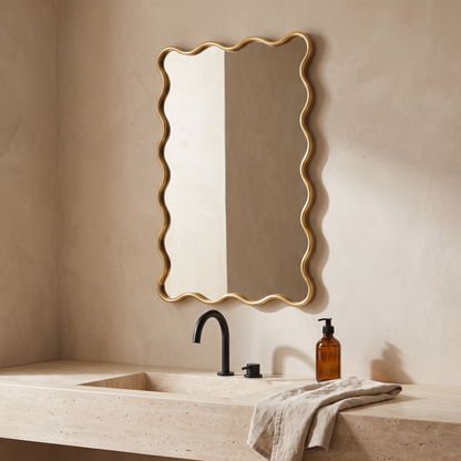 Wavy mirror above a bathroom vanity