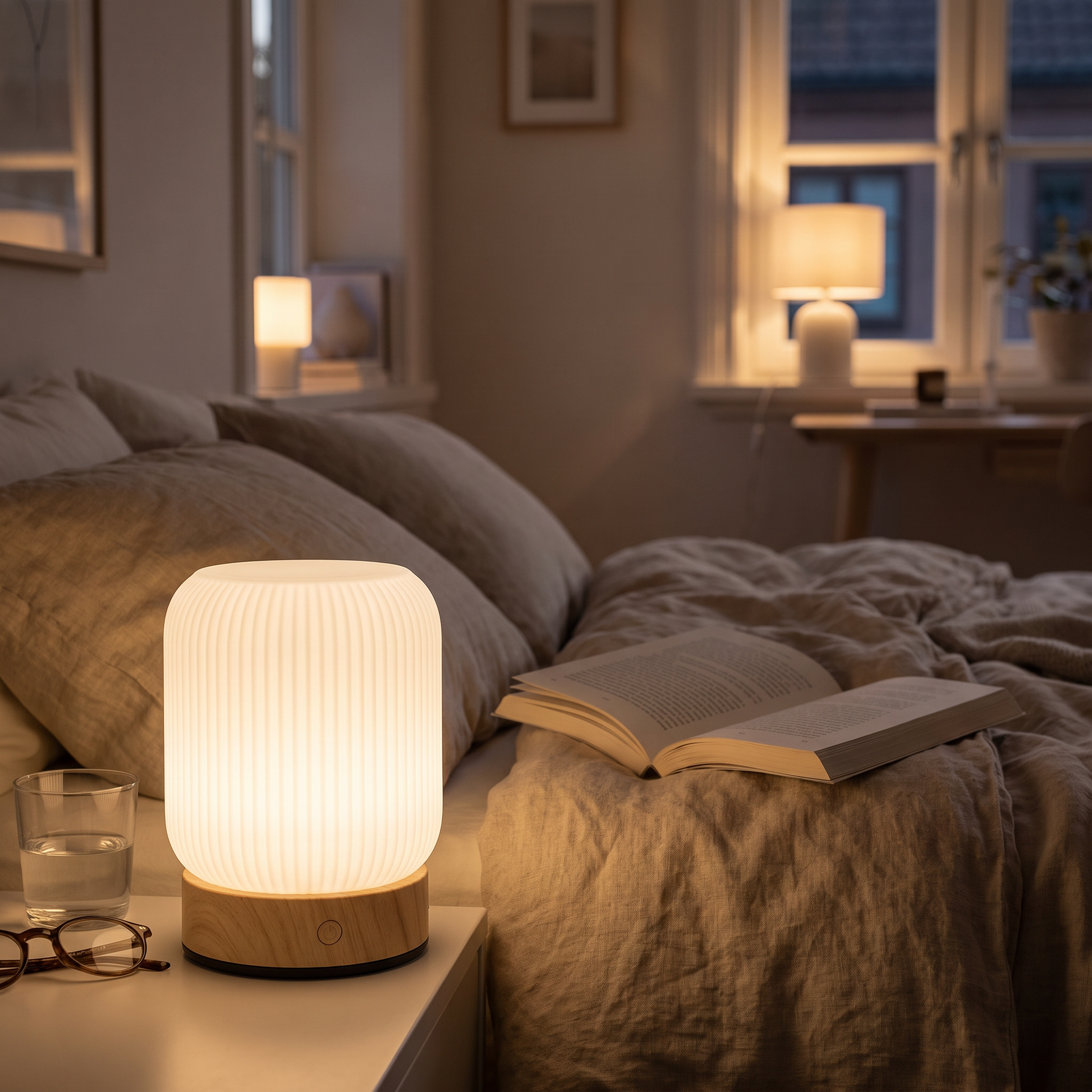 Touch lamp lit low on a bedside table at night