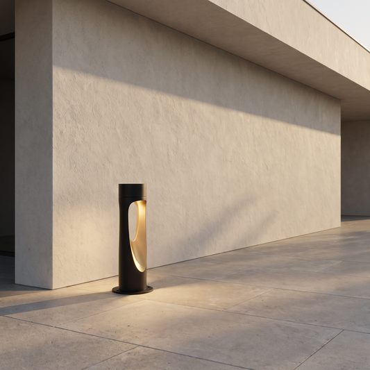 Outdoor floor lamp against a minimal facade