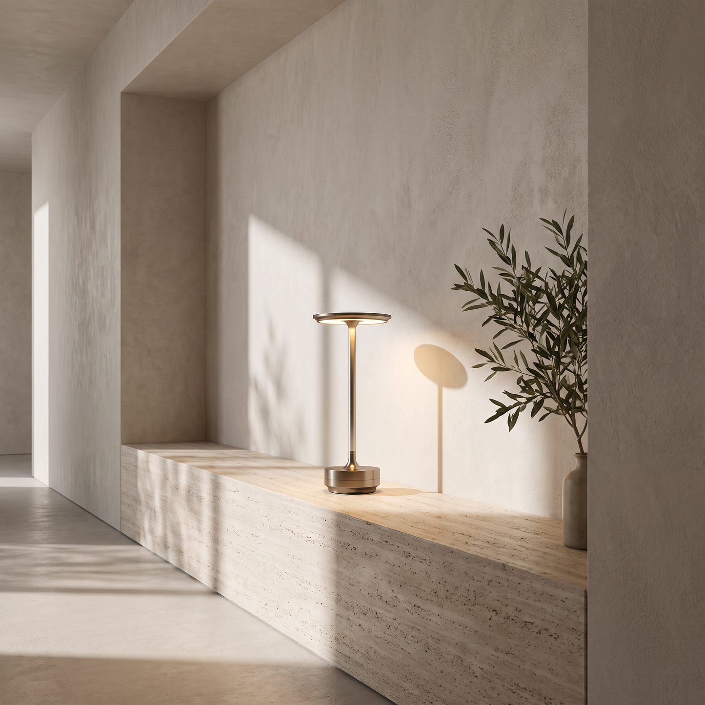 Rechargeable lamp on a travertine ledge in a hallway