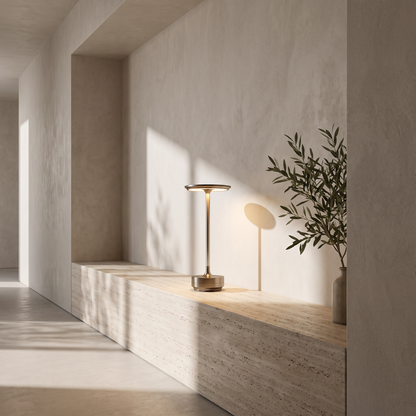 Rechargeable lamp on a travertine ledge in a hallway