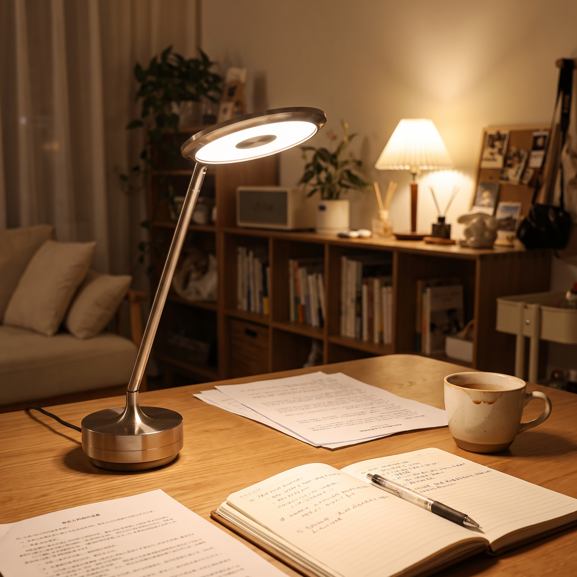 Rechargeable lamp lit over a desk in the evening