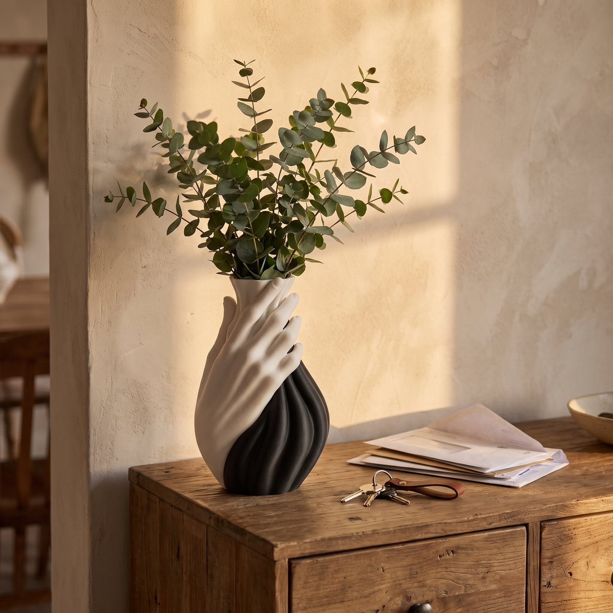 Sculpture vase with eucalyptus on a sideboard