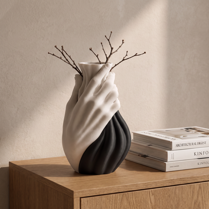 Sculpture vase on a console in a living room