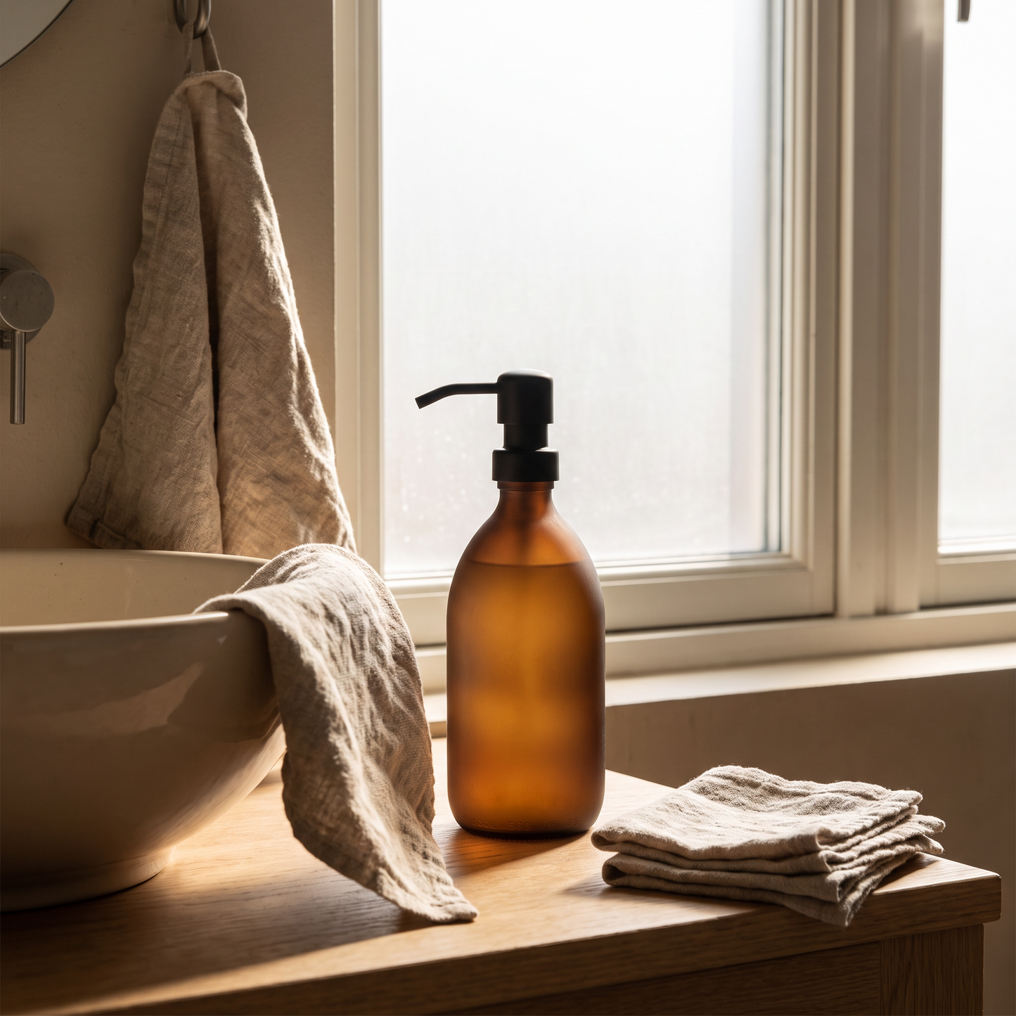 Amber glass dispenser beside a basin in a lived in bathroom