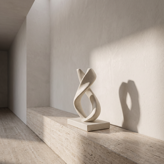 Abstract sculpture on a travertine ledge