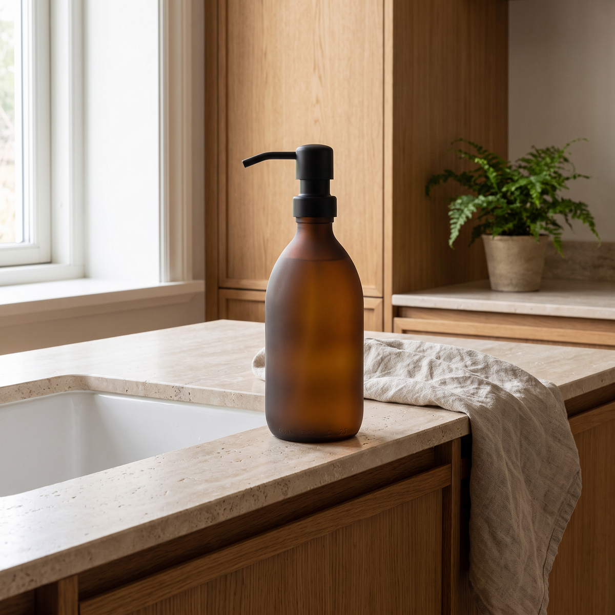 Amber glass dispenser beside a kitchen sink