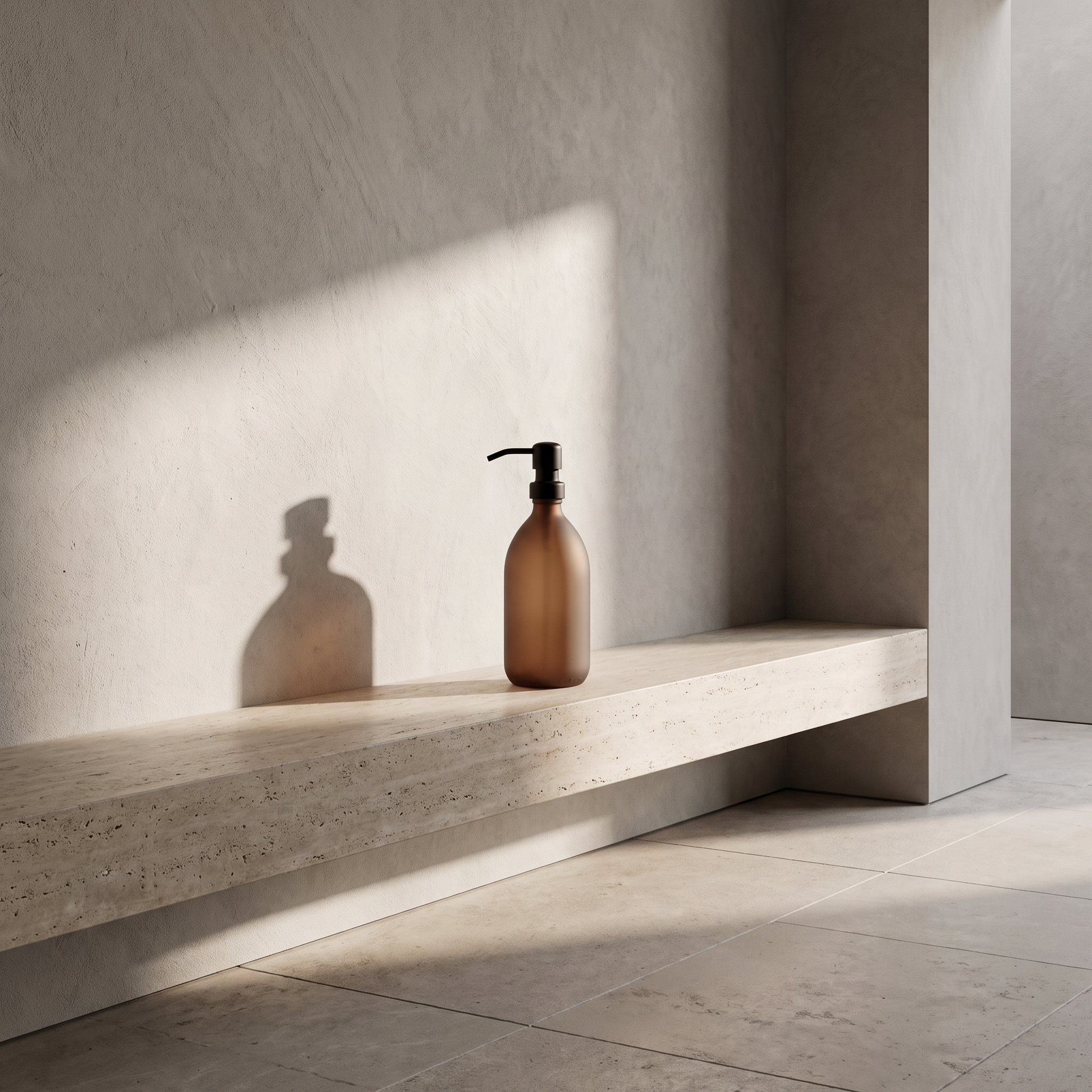 Amber glass dispenser on a travertine ledge