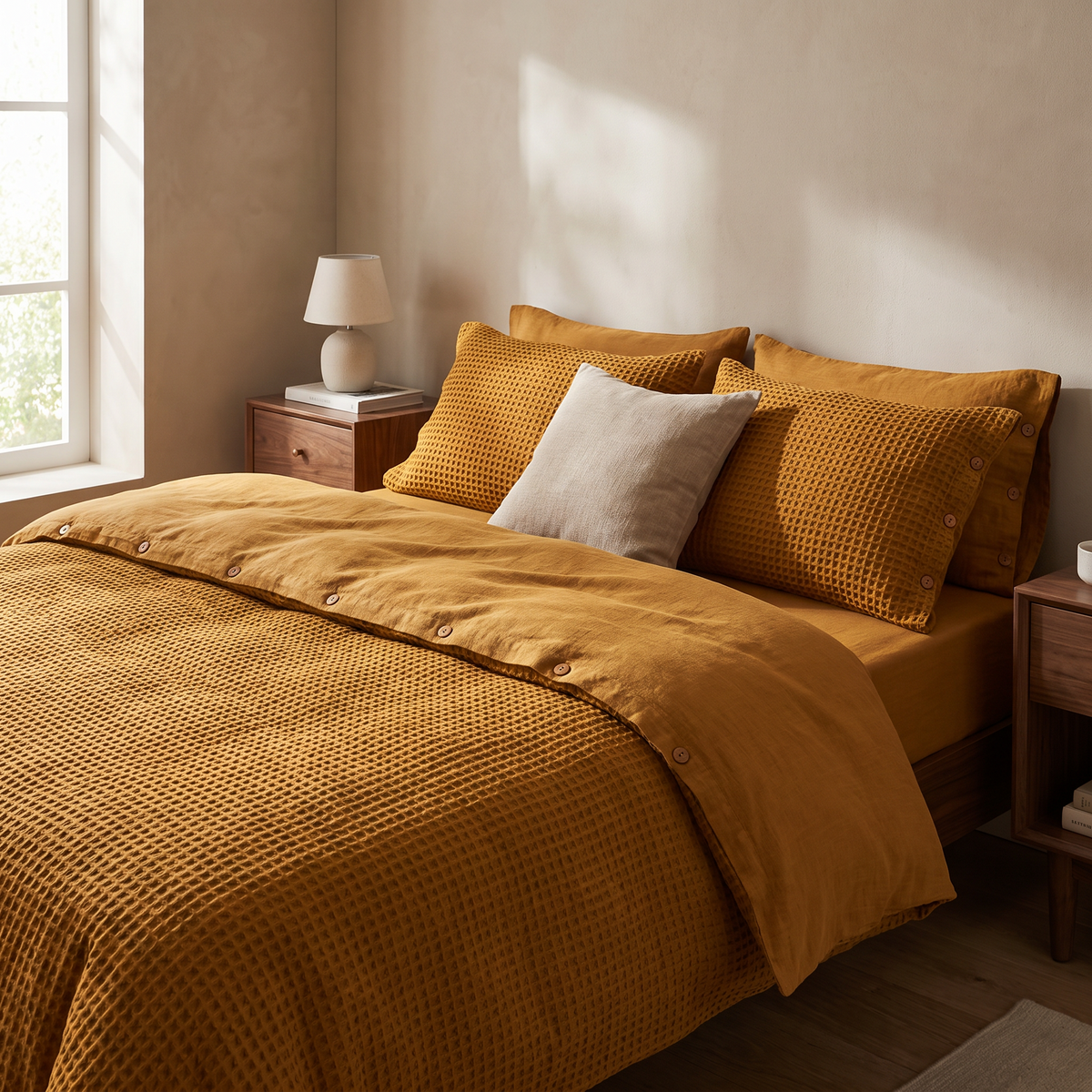 Waffle duvet dressed on a bed in a minimalist bedroom
