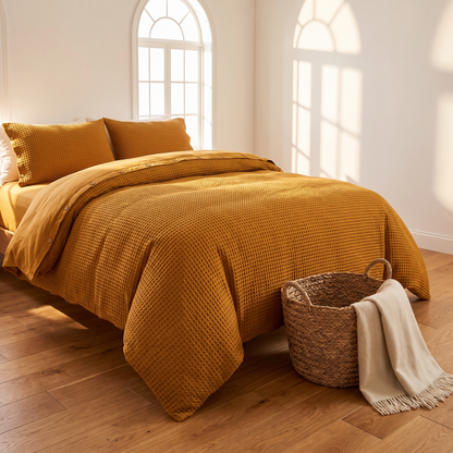 Waffle duvet in a sunlit guest room
