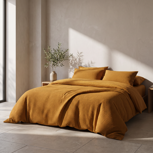 Waffle duvet in a calm architectural bedroom