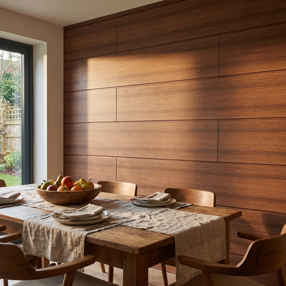 Flat cladding behind a lived in dining area