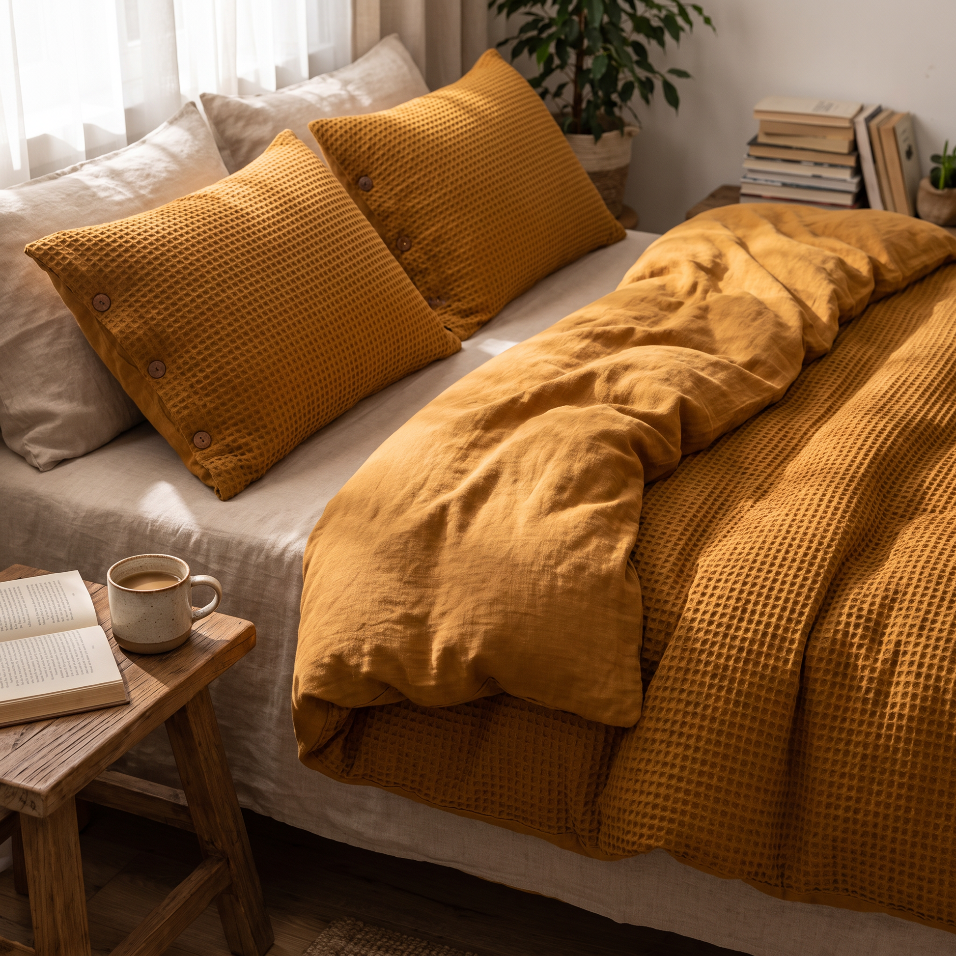 Waffle duvet rumpled on a slow morning
