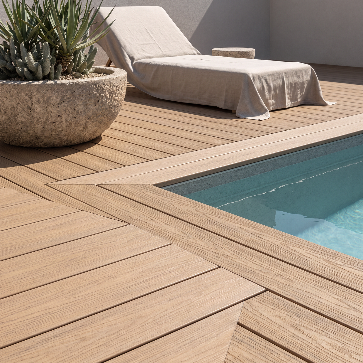 Composite decking around a swimming pool