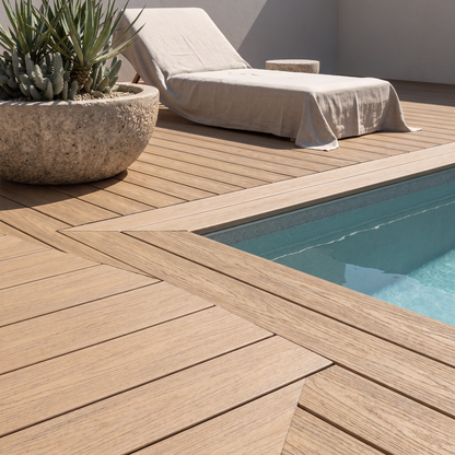 Composite decking around a swimming pool
