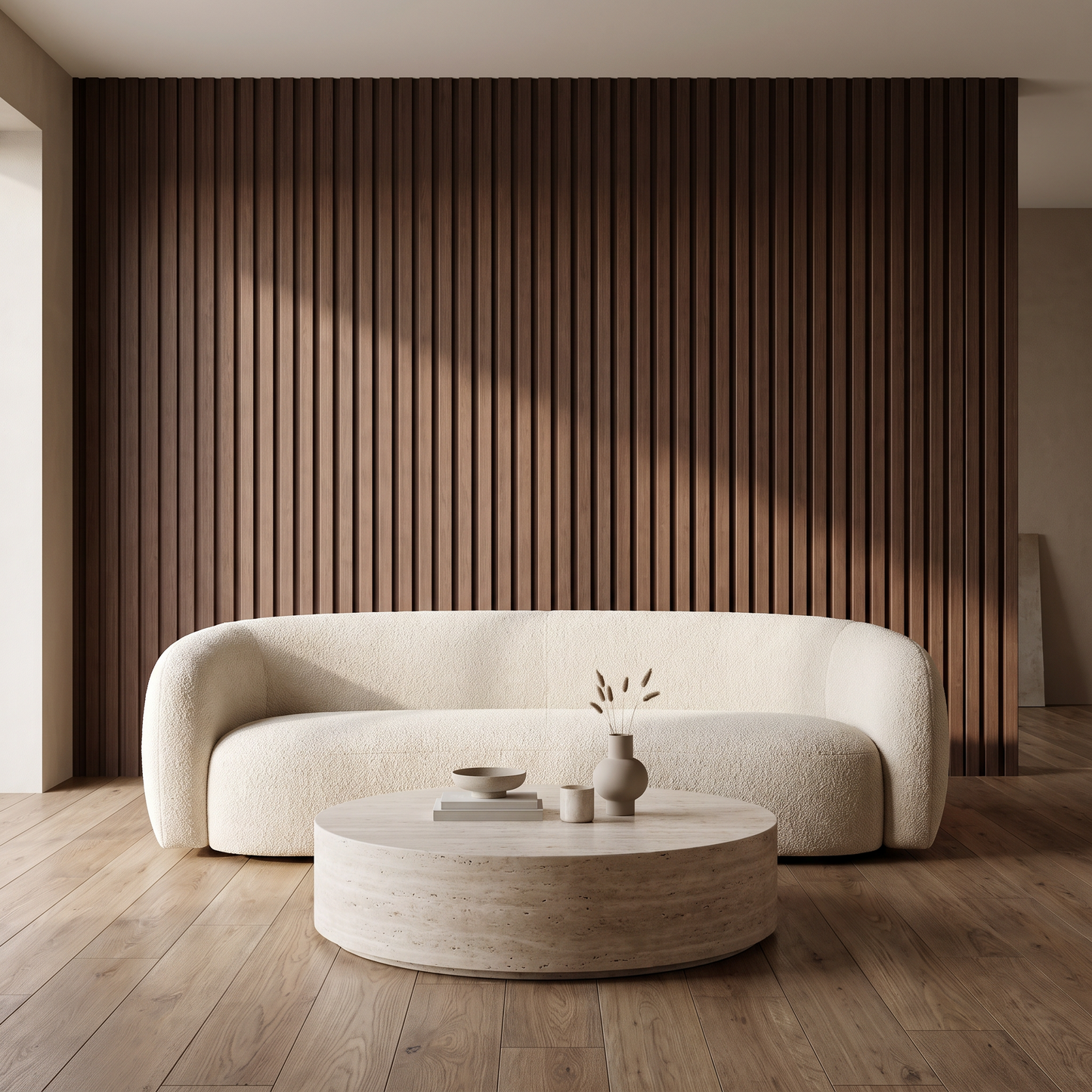 Ribbed cladding as a living room feature wall
