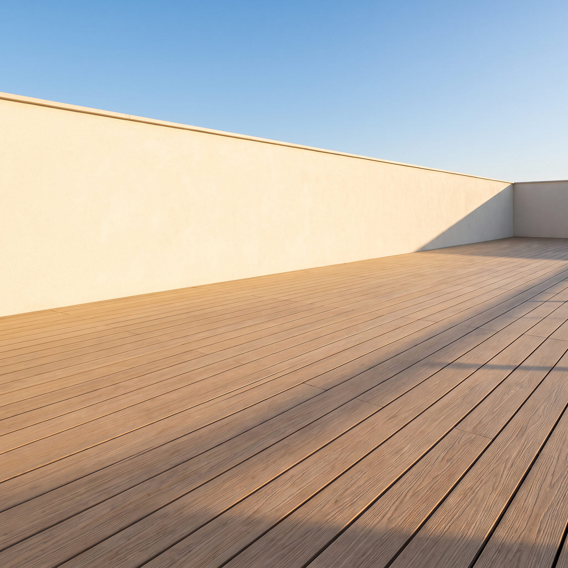 Composite decking meeting a minimal plaster wall